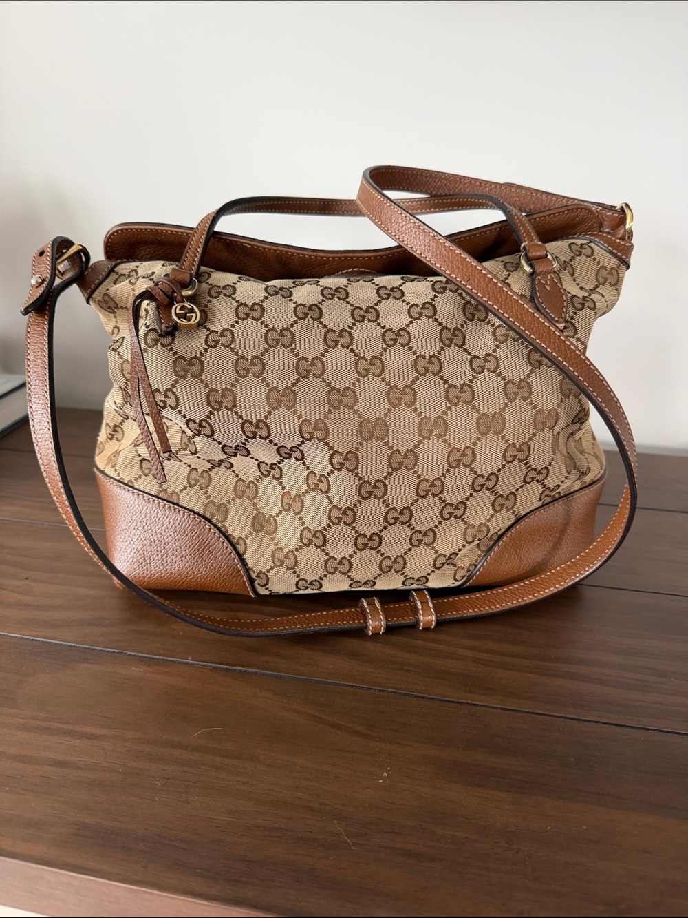 Gucci Beige GG Canvas Shoulder/crossbody Bag with Brown Leather Trim